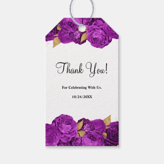紫と金ゴールドのフローラ結婚の贈り物ラベル ギフトタグ (正面)