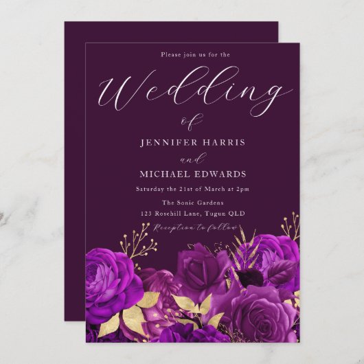 紫と金ゴールドのフローラ結婚の 招待状 (正面/裏面)