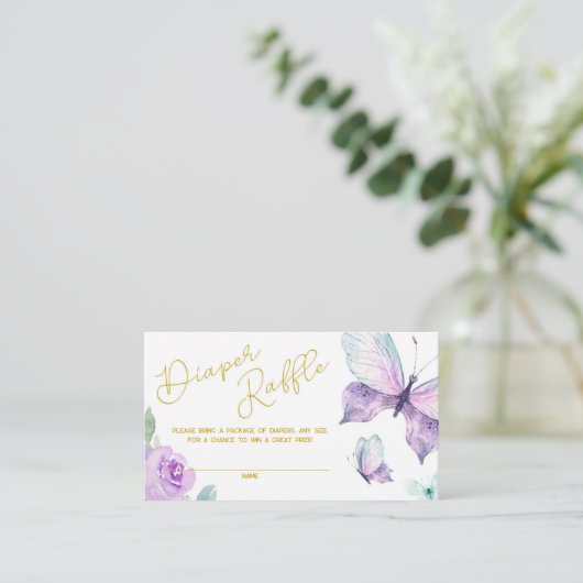 紫と金ゴールドのフローラ蝶おむつラッフル エンクロージャーカード (スタンド正面)