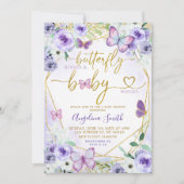 紫と金ゴールドのフローラ蝶の赤ちゃんシャワー 招待状 (正面)