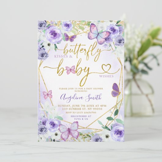 紫と金ゴールドのフローラ蝶の赤ちゃんシャワー 招待状 (スタンド正面)
