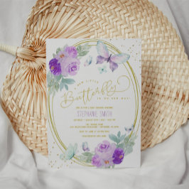 紫と金ゴールドのフローラ蝶の赤ちゃんシャワー 招待状