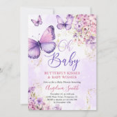 紫と金ゴールドのフローラ蝶の赤ちゃんシャワー 招待状 (正面)