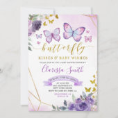 紫と金ゴールドのフローラ蝶の赤ちゃんシャワー 招待状 (正面)