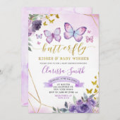 紫と金ゴールドのフローラ蝶の赤ちゃんシャワー 招待状 (正面/裏面)