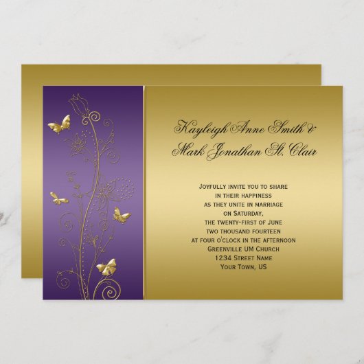 紫と金ゴールドのフローラ蝶結婚の 招待状 (正面/裏面)
