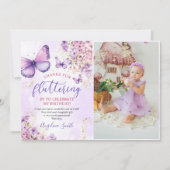 紫と金ゴールドのフローラ蝶誕生日写真 サンキューカード (正面)