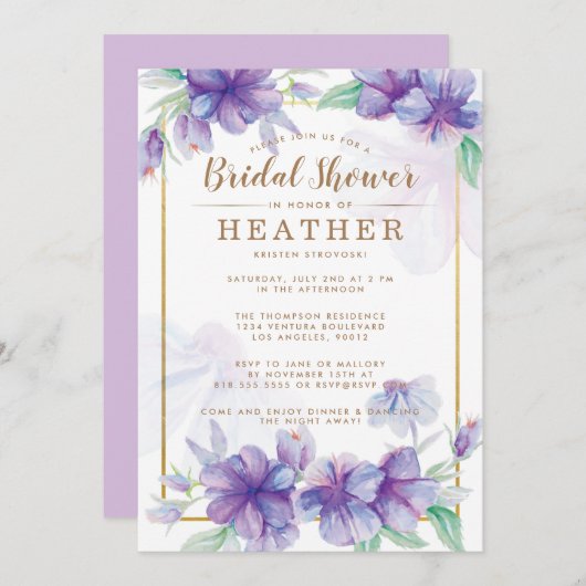 紫と金ゴールドのブライダルシャワーへの招待 招待状 (正面/裏面)