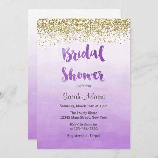 紫と金ゴールドのブライダルシャワーへの招待 招待状 (正面/裏面)