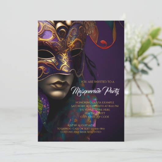 紫と金ゴールドのマスク付き仮装鮮やかパーティー 招待状 (スタンド正面)