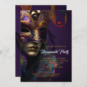 紫と金ゴールドのマスク付き仮装鮮やかパーティー 招待状 (正面/裏面)