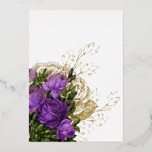 紫と金ゴールドのヴィンテージみすぼらしいシックなフローラ結婚ズ 箔招待状 (裏面)