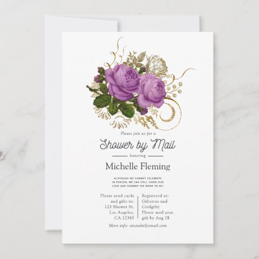 紫と金ゴールドのヴィンテージシックなフローラシャワーbyメール 招待状 (正面)
