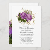 紫と金ゴールドのヴィンテージシックなフローラバーチャルシャワー 招待状 (正面/裏面)