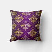 紫と金ゴールドのヴィンテージダマスクパターン クッション (裏面)