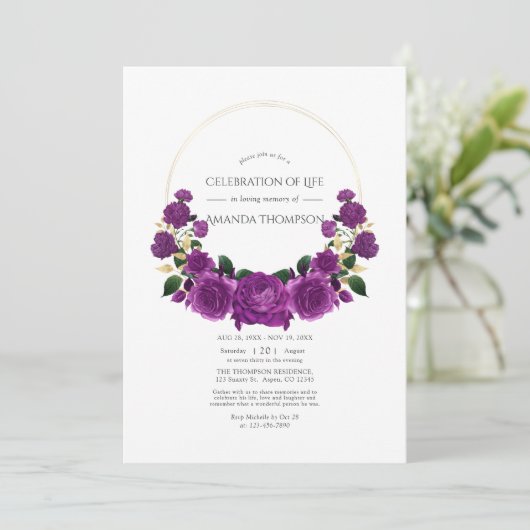 紫と金ゴールドのヴィンテージフローラお祝い 招待状 (スタンド正面)