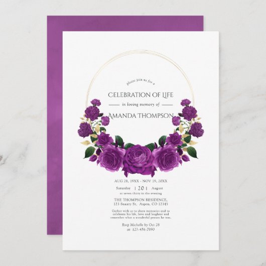 紫と金ゴールドのヴィンテージフローラお祝い 招待状 (正面/裏面)