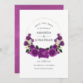 紫と金ゴールドのヴィンテージフローラ結婚の セーブザデート (正面/裏面)