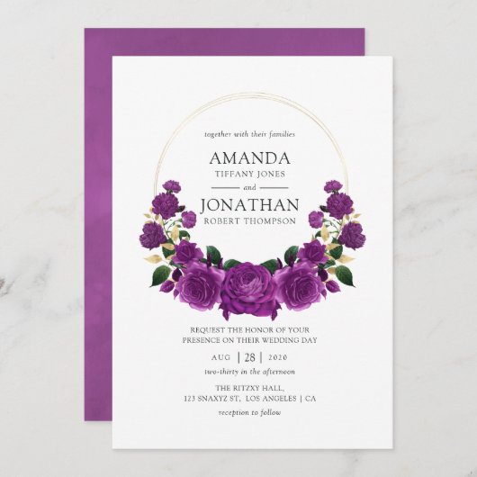 紫と金ゴールドのヴィンテージフローラ結婚の 招待状 (正面/裏面)
