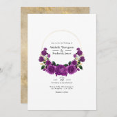 紫と金ゴールドのヴィンテージフローラ結婚の 招待状 (正面/裏面)