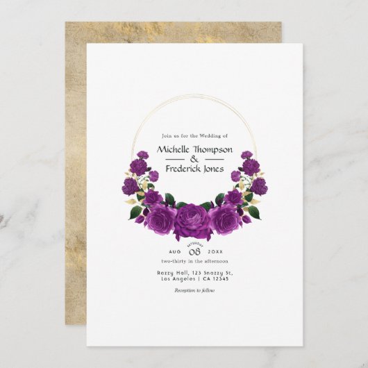 紫と金ゴールドのヴィンテージフローラ結婚の 招待状 (正面/裏面)