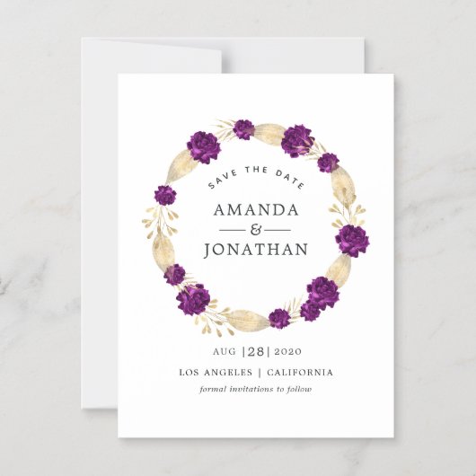 紫と金ゴールドのヴィンテージフローラ結婚式の日付を保存 マグネット招待状 (正面)