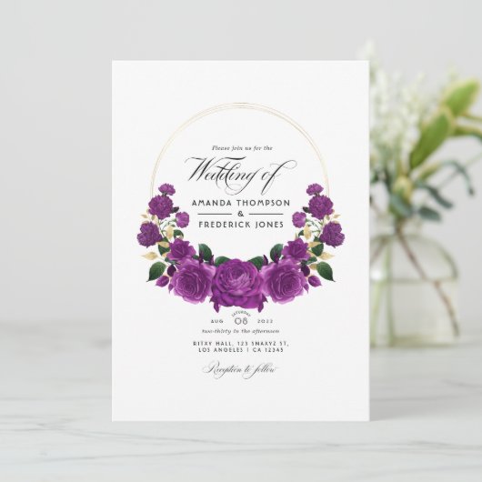 紫と金ゴールドのヴィンテージ結婚フローラの写真 招待状 (スタンド正面)