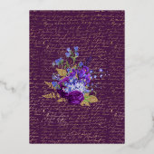 紫と金ゴールドのヴィンテージ結婚フローラの箔押し 箔招待状 (裏面)