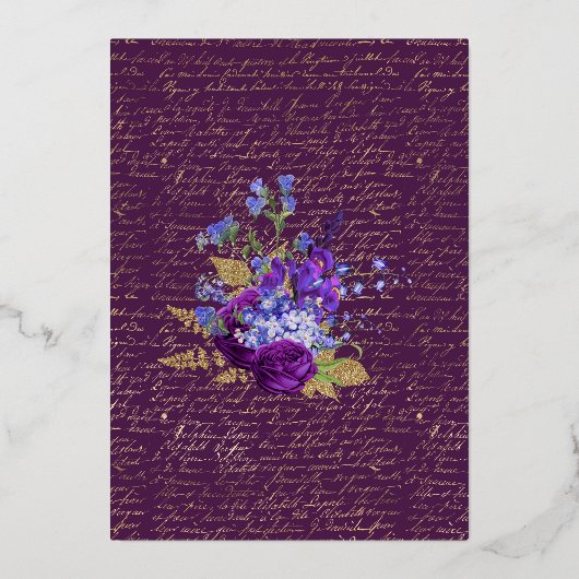 紫と金ゴールドのヴィンテージ結婚フローラの箔押し 箔招待状 (裏面)