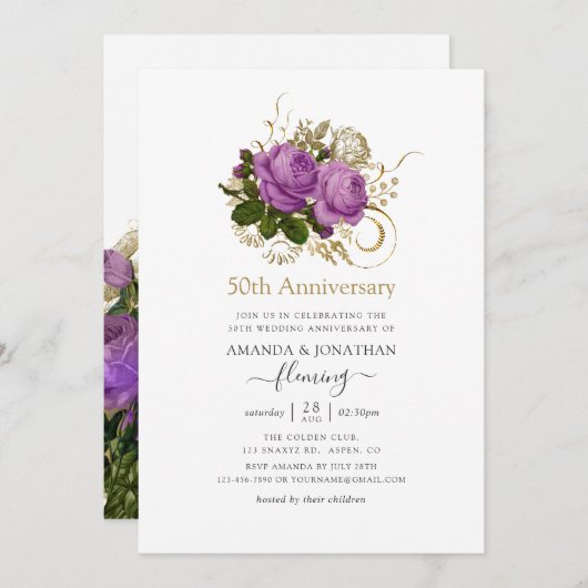 紫と金ゴールドのヴィンテージ50周年結婚を迎える 招待状 (正面/裏面)