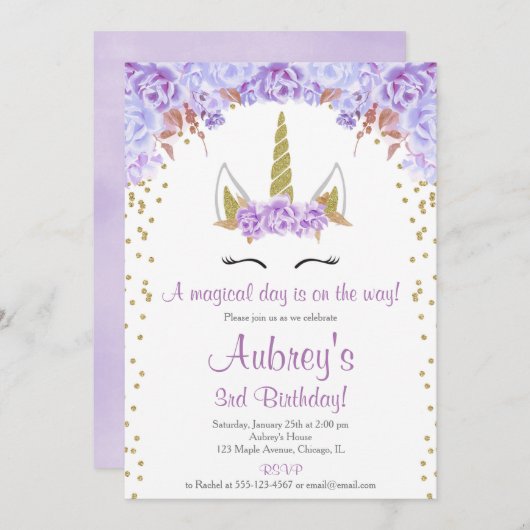 紫と金ゴールドの一角獣少女誕生会 招待状 (正面/裏面)