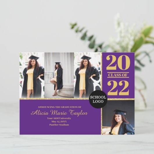 紫と金ゴールドの写真による発表 招待状 (スタンド正面)