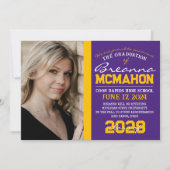 紫と金ゴールドの卒業写真のお知らせ 招待状 (正面)