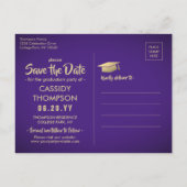 紫と金ゴールドの卒業写真の保存日付 ポストカード (裏面)