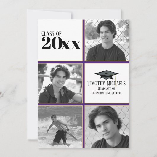 紫と金ゴールドの卒業招待状、マット7" x 5" 招待状 (正面)