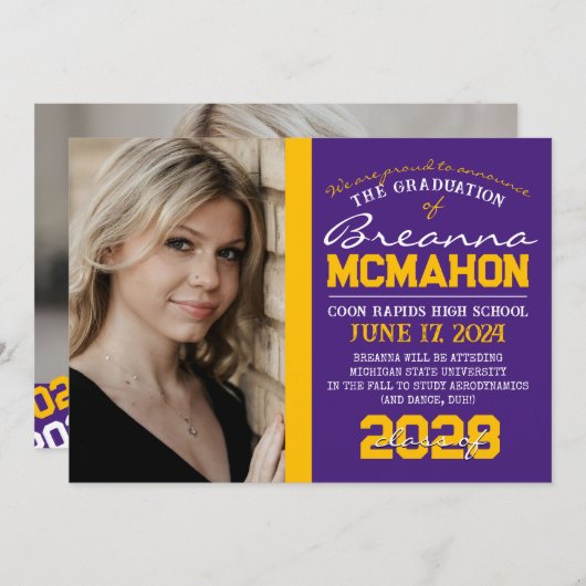 紫と金ゴールドの卒業2写真のお知らせ 招待状 (正面/裏面)