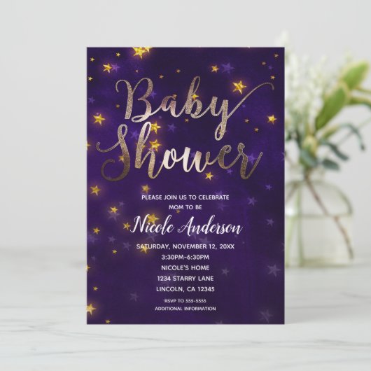 紫と金ゴールドの夜の星の下ベビーシャワー 招待状 (スタンド正面)