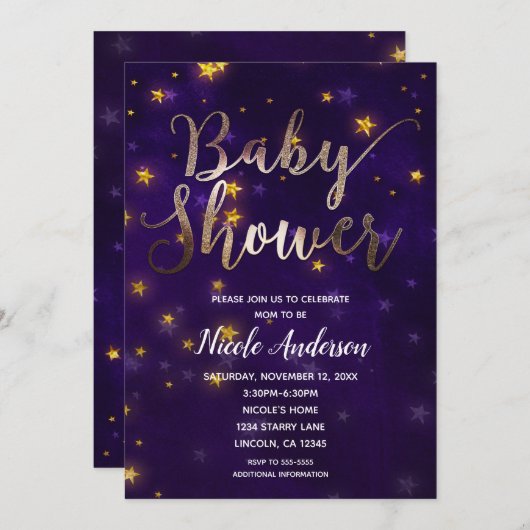 紫と金ゴールドの夜の星の下ベビーシャワー 招待状 (正面/裏面)