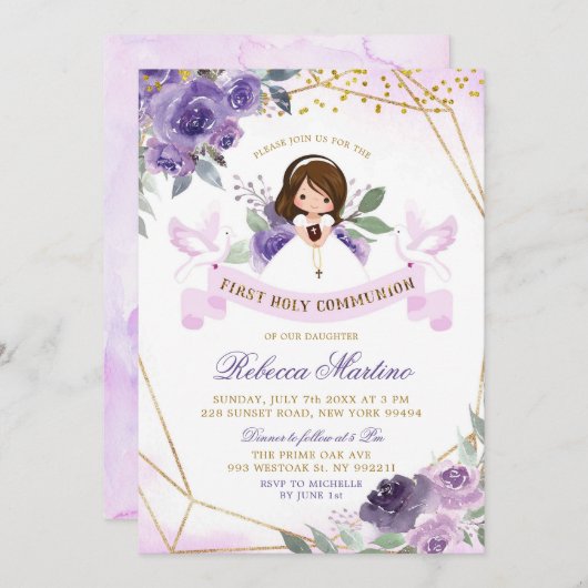 紫と金ゴールドの女の子のフローラ最初の聖餐式 招待状 (正面/裏面)