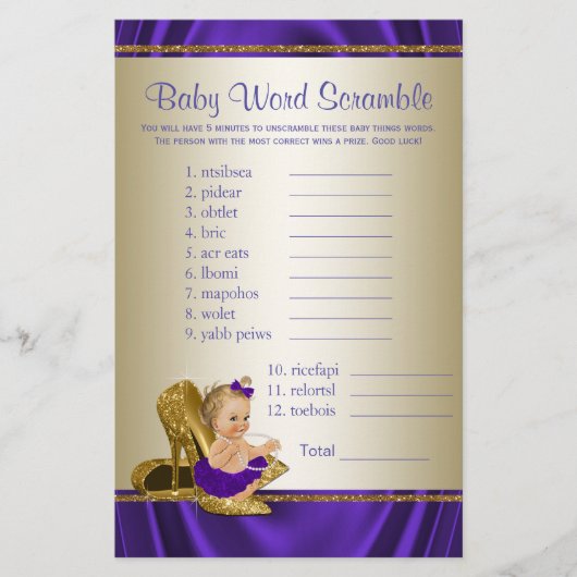 紫と金ゴールドの女の子の赤ちゃんシャワーゲーム (正面)