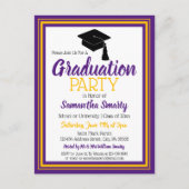 紫と金ゴールドの学校の色のグラードパーティー インビテーションポストカード (正面)