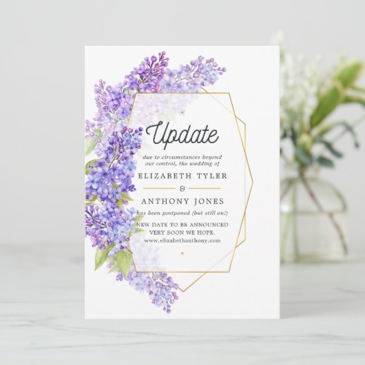 紫と金ゴールドの幾何学的なハーバ結婚リウムの更新 招待状 (スタンド正面)