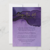 紫と金ゴールドの抽象芸術日付の結婚変更 招待状 (正面)