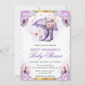 紫と金ゴールドの春傘の赤ちゃんシャワー 招待状 (正面)