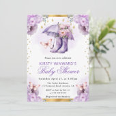 紫と金ゴールドの春傘の赤ちゃんシャワー 招待状 (スタンド正面)