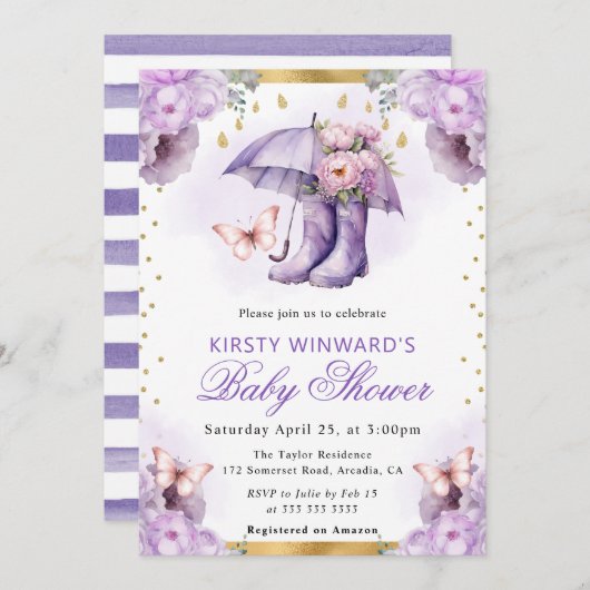 紫と金ゴールドの春傘の赤ちゃんシャワー 招待状 (正面/裏面)