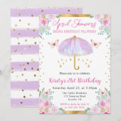 紫と金ゴールドの春傘21歳の誕生日 招待状 (正面/裏面)