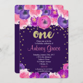 紫と金ゴールドの最初の誕生日の招待 招待状 (正面/裏面)