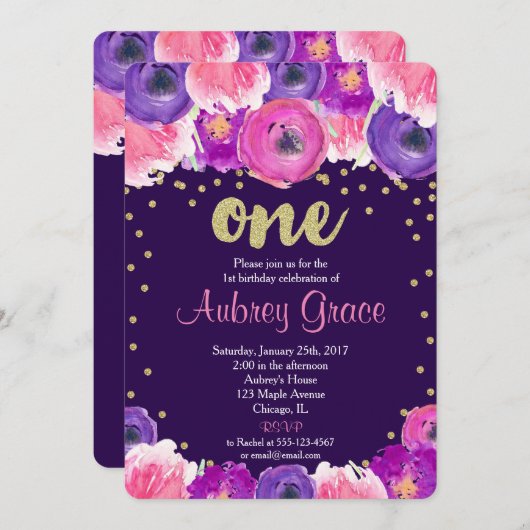 紫と金ゴールドの最初の誕生日の招待 招待状 (正面/裏面)