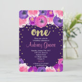 紫と金ゴールドの最初の誕生日の招待 招待状 (スタンド正面)